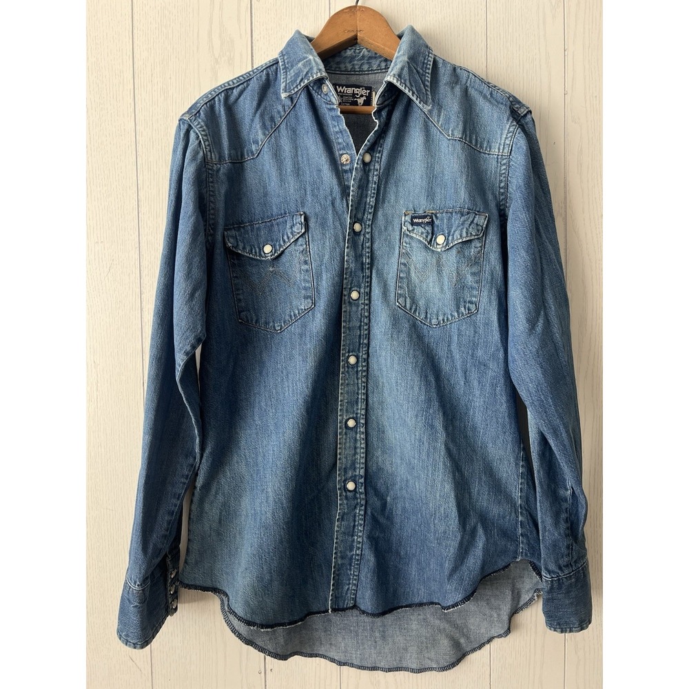 Vintage 80s Wrangler Denim Pearl Snap Western Shirt 16x35 Cowboy 70127MW USA